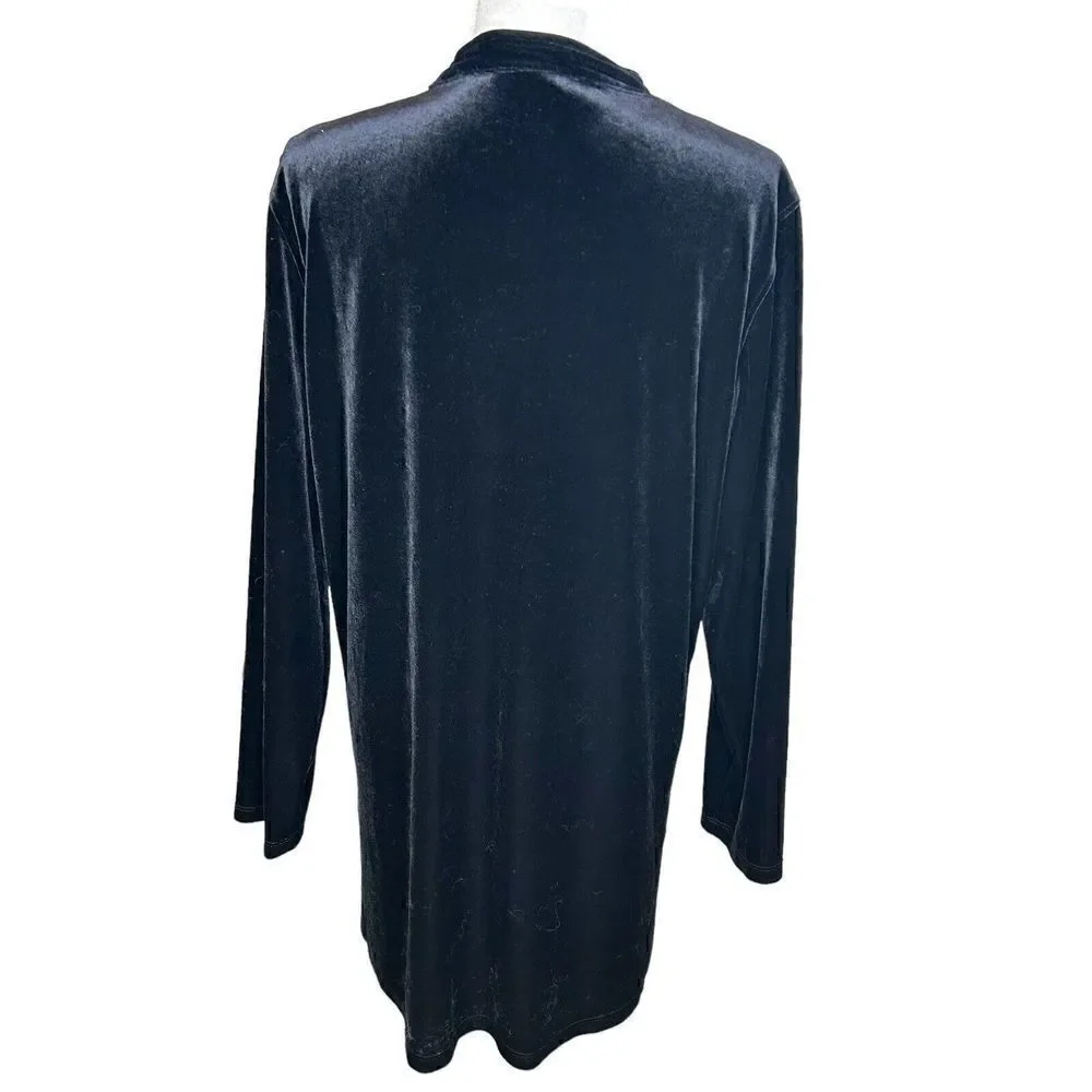 Chicos Black Velvet Long Sleeve Mock Neck Button Down Jacket Tunic Cardigan Size
